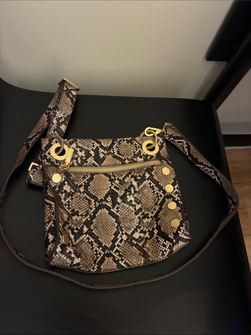 HAMMITT Snake Print Crossbody Bag with Gold Hardware